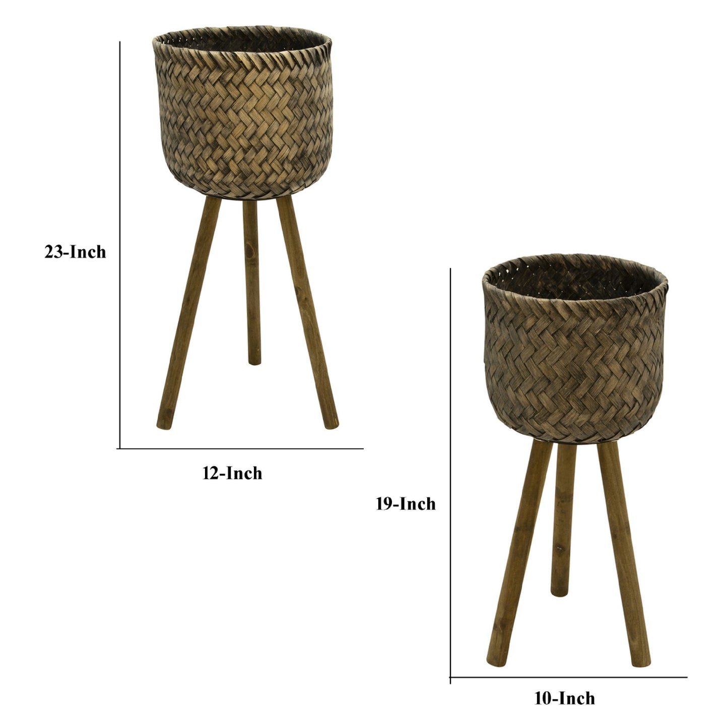 Basket Shape Bamboo Planters on Flared Wooden Stand, Rustic Brown, Set Of Two