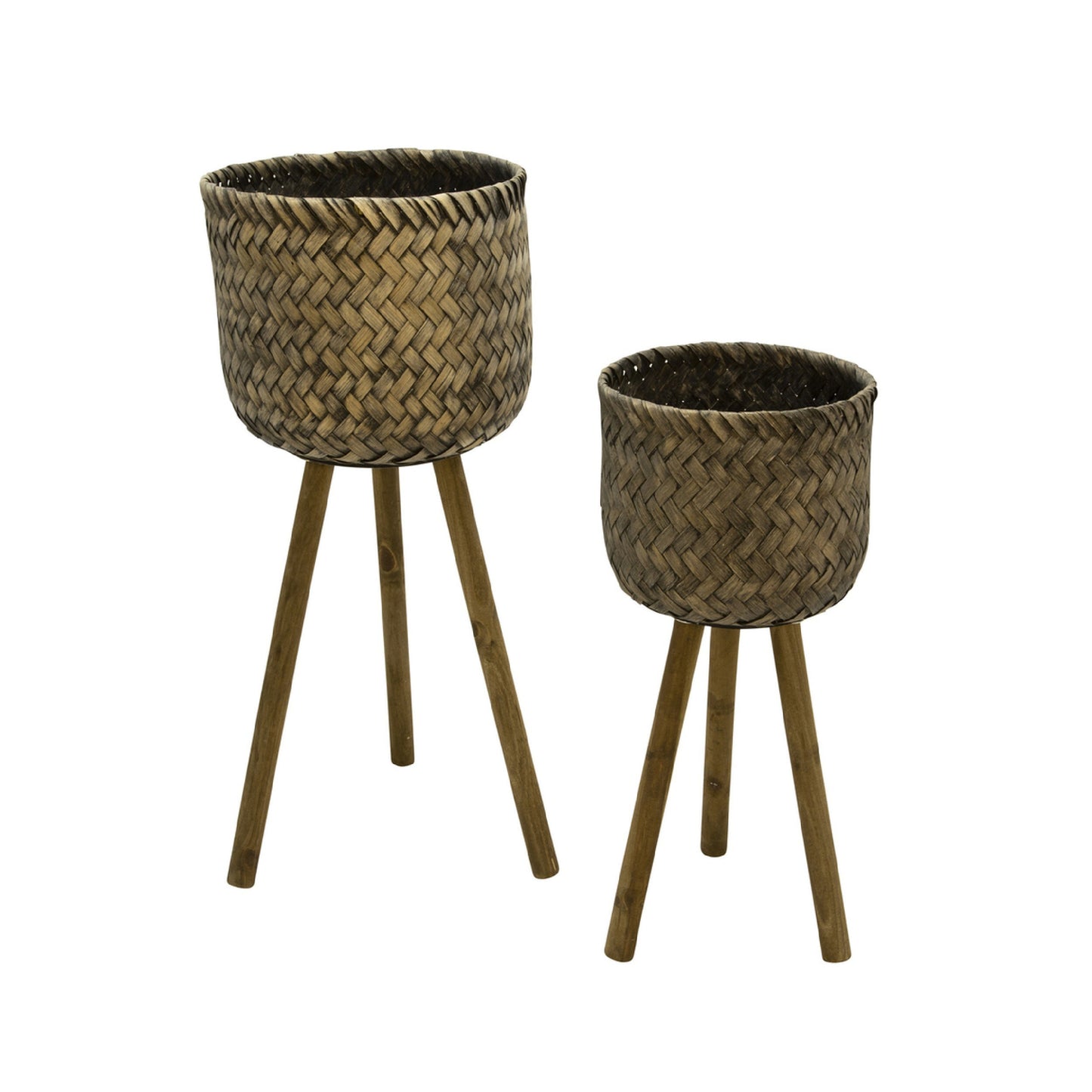 Basket Shape Bamboo Planters on Flared Wooden Stand, Rustic Brown, Set Of Two