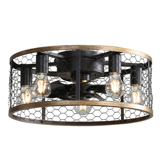 20 Inch Industrial Caged Ceiling Fan, With 7-ABS Blades Remote Control Reversible DC Motor, Small Flush Mount Ceiling Fan For Farmhouse