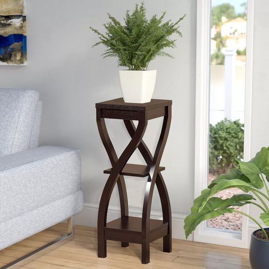 Square Top Wooden Plant Stand with Curved Legs and Shelves, Large, Dark Brown