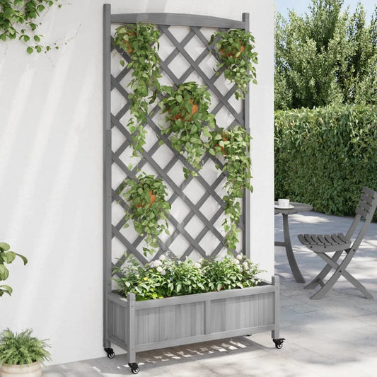 Planter with Trellis and Wheels Gray Solid Wood Fir