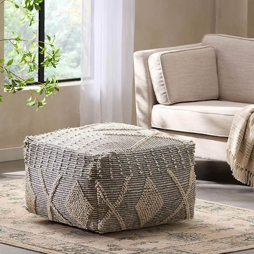 Diamond Large Handcrafted Faux Yarn Pouf, Ivory and Grey