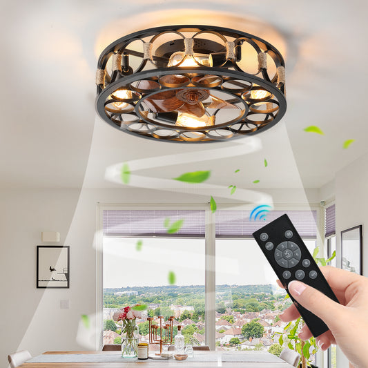 Caged Ceiling Fan with Lights Remote Control, Low Profile Flush Mount Farmhouse Modern Ceiling fans, 6 Speeds Reversible Blades, 5 LED Bulbs Include(Black)
