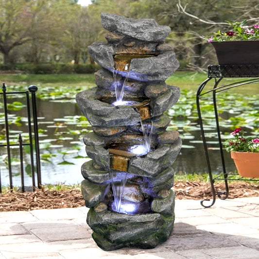 Outdoor Fountain 40inches Poly-resin Rock Water Fountain with LED Lights