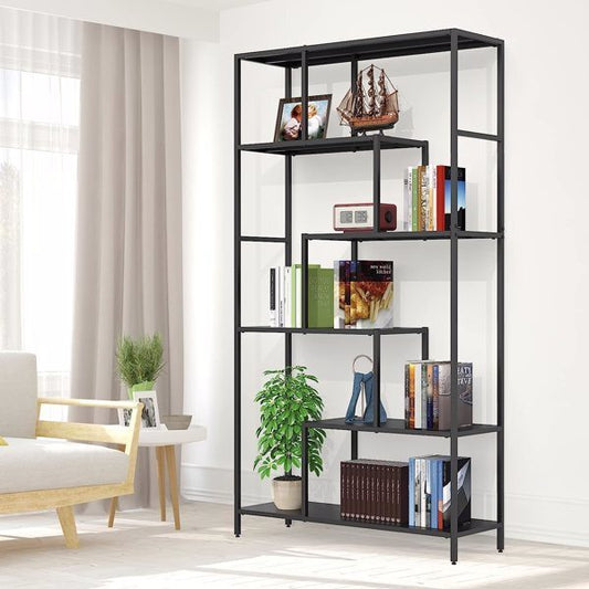 6 Tier Black Metal Bookshelf -Sturdy and Stylish Tall Open Bookcase for Plants, Books, and D?cor, Multi-Purpose Display Shelf with Anti-Tip Wall Mounting - 73in Height, 39in Width