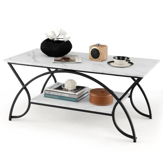 2-Tier Faux Marble Coffee Table with Marble Top and Metal Frame-Black & White - Color: Black & White - Size: 2-Tier