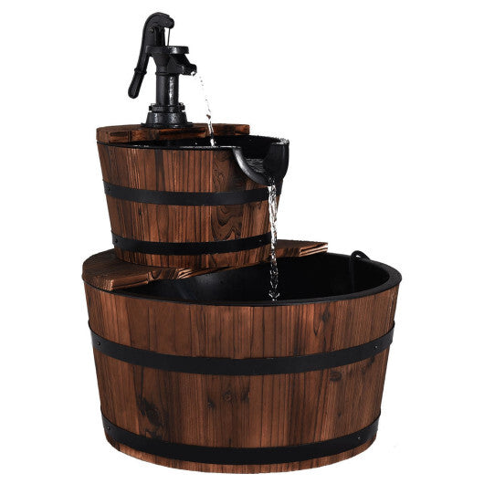 2-Tiers Outdoor Wooden Barrel Waterfall Fountain with Pump - Color: Brown